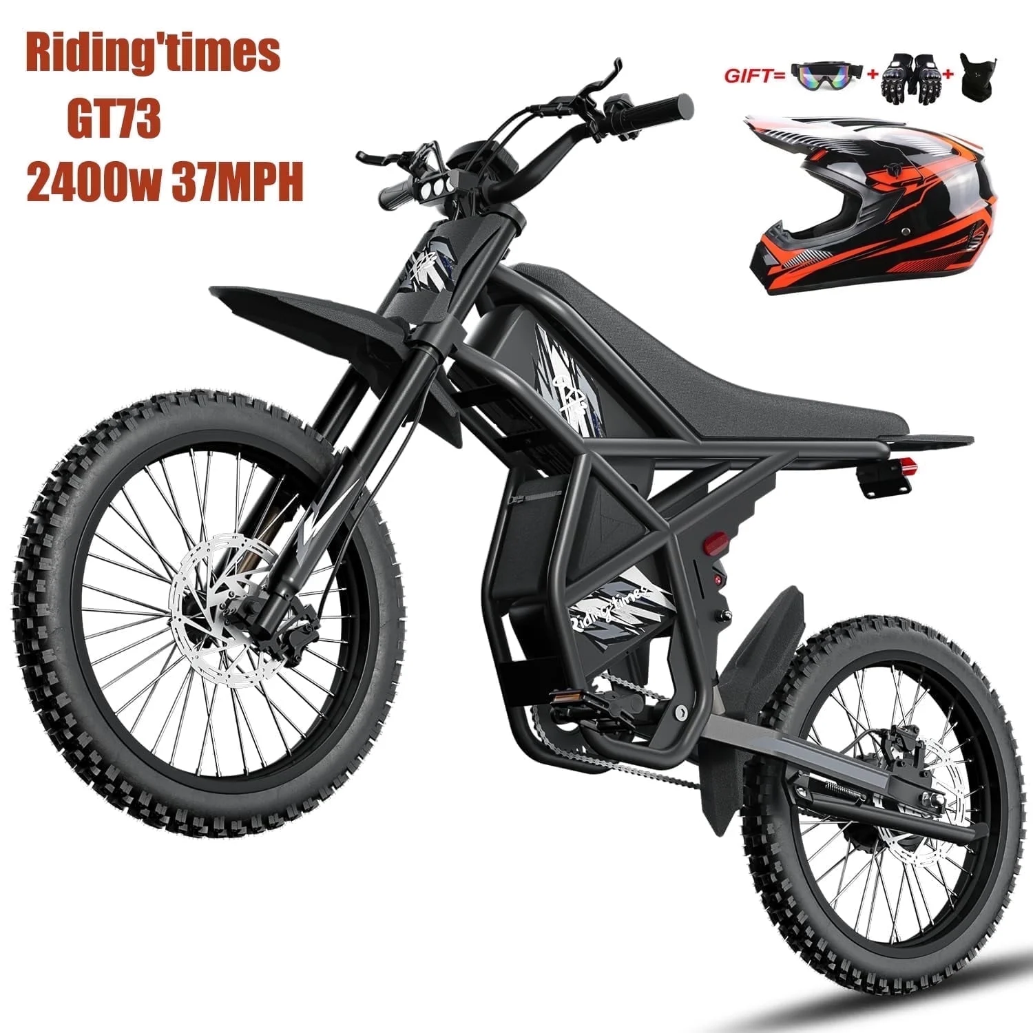 Ridingtimes GT73 Electric Dirt Bike for Adults 2400W Electric Bike with 48V 18.2AH*2 Removable Batteries 37Mph/85Mile Range 25" X2" Motorcycle Tires Dual Hydraulic Brakes & Full Suspension UL2849 MTB