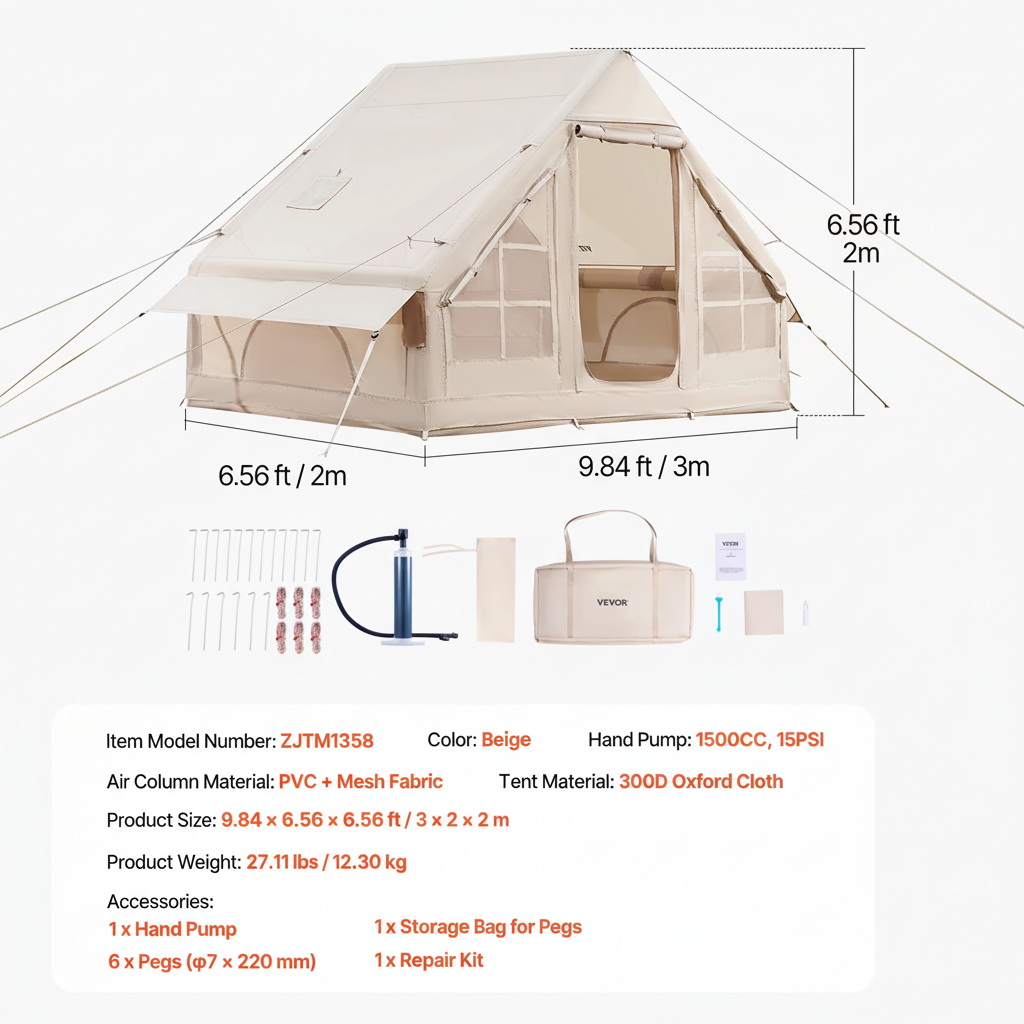 Inflatable Tents for Camp Easy Setup Blow up Tent with Hand Pump 300D Oxford Tent with Stove Jack Storage Bag Included